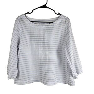 Martha Stewart Linen Boat Neck Striped Blouse Blue White 3/4 Sleeve Large